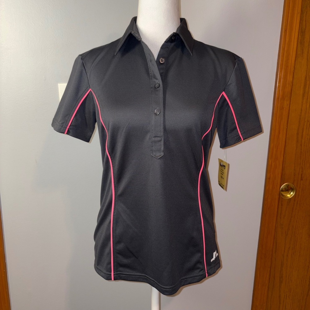 J. Lindeberg logo charcoal gray Polo Shirt Pink piping Athletic Golfing fitted